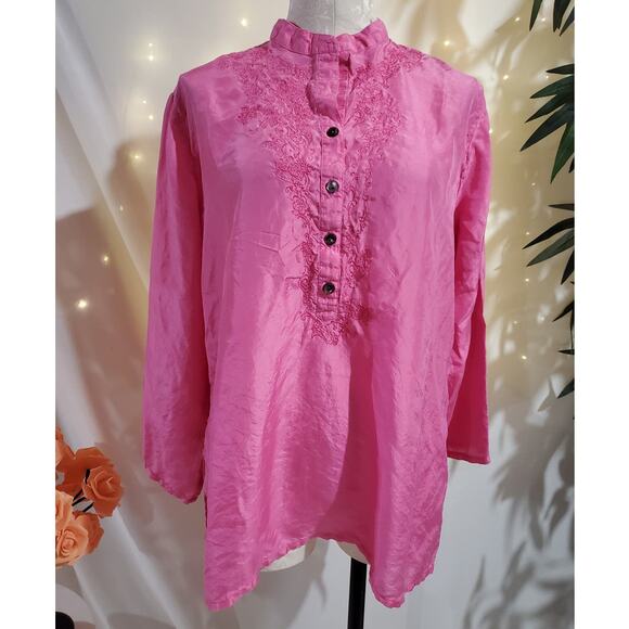 Chicos 100% Silk Shell Button Embroidered Blouse Womens Size 2 US L 12 Pink Top - Picture 1 of 11